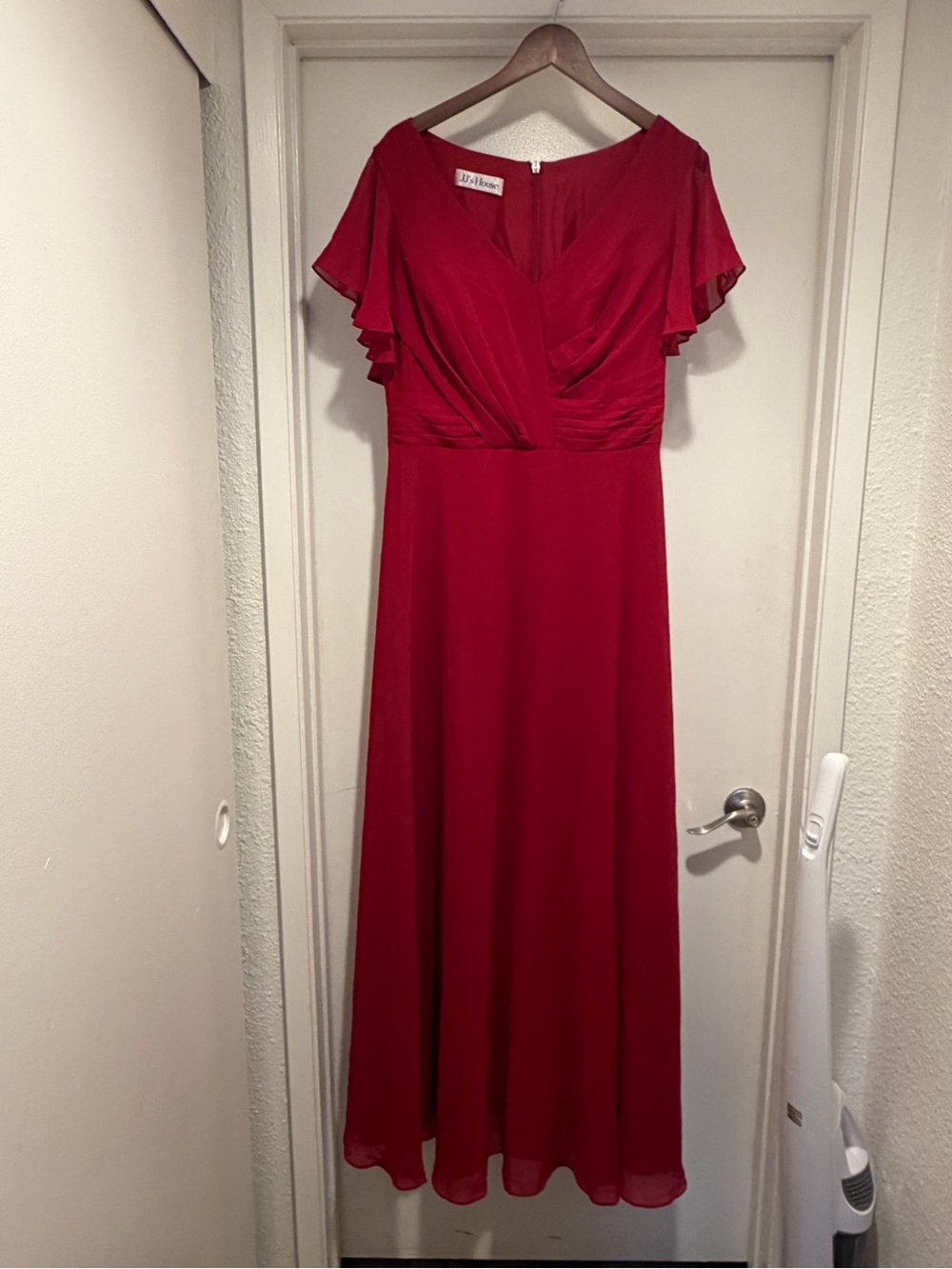 JJ’s House Elegant Red V-Neck Flutter Sleeve Maxi Bridesmaid Dress